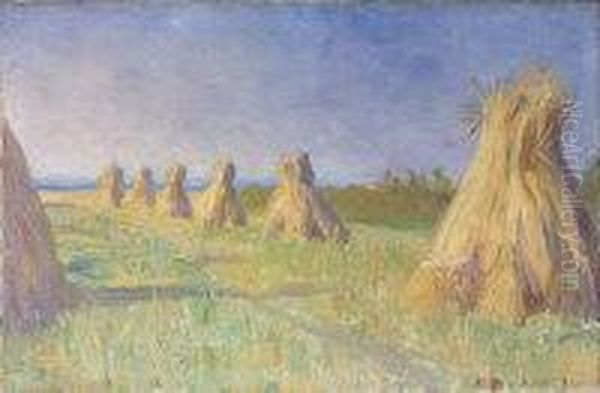 Bright Harvest Landscape With Cornstacks In Foreground Oil Painting by Constance Markievicz