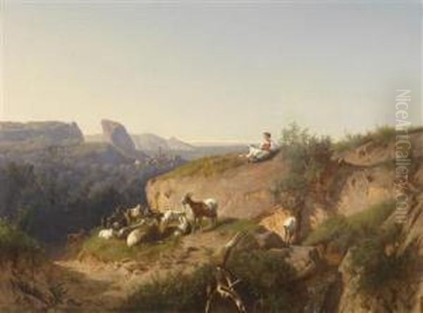 Female Goatsheperd With Her Herd Set In An Italian Landscape Oil Painting by Andreas Marko