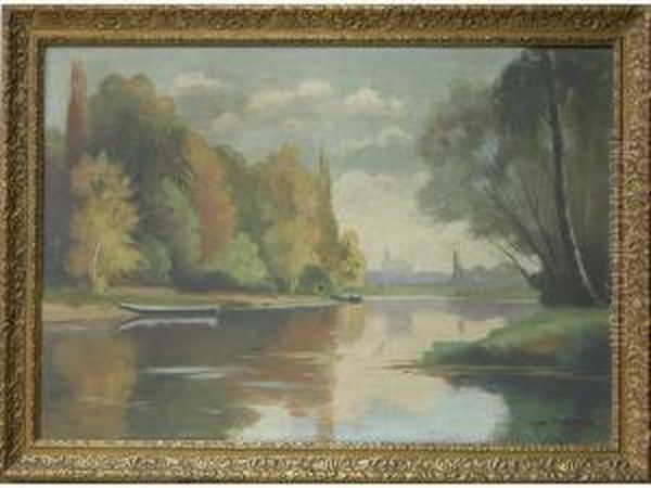 Bords De Moselle, Avec Vue De La Cathedrale De Metz Oil Painting by Albert Marks