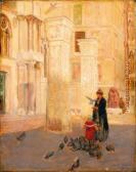 Mere Et Son Enfant Nourrissant Les Pigeons A Venise Oil Painting by Claude Marks