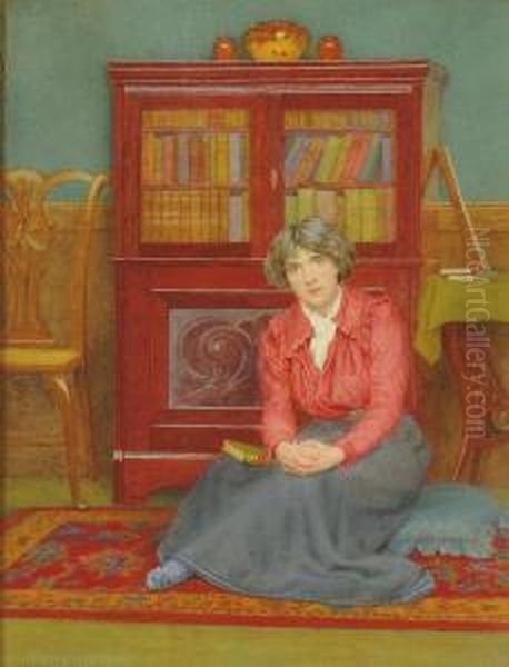 A Lady, Seated Small Full-length, With A Book On Her Lap In An Interior Oil Painting by George Marks