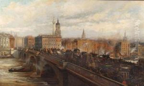 A Busy Day, London Bridge Oil Painting by John Joseph Markwell Davis