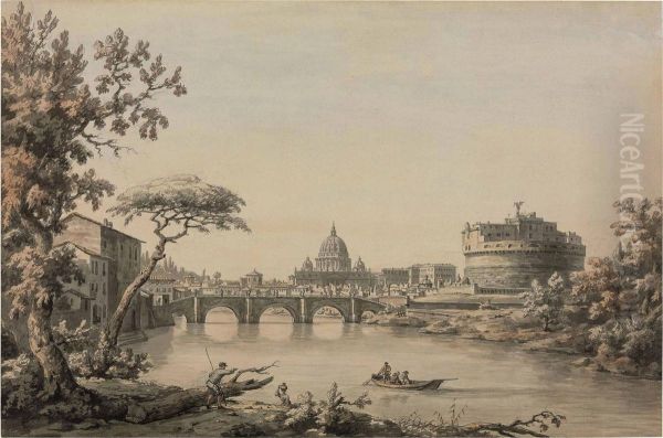 A View Of The Tiber With Saint Peter's And The Castel Sant'angelo, Rome Oil Painting by William Marlow