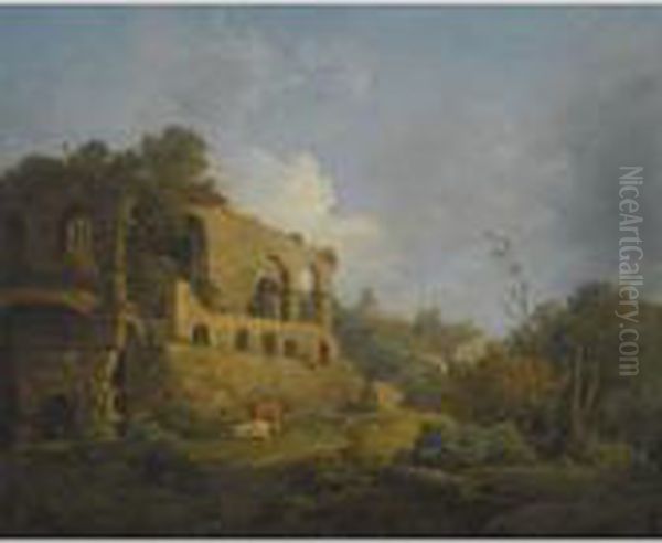 Landscape With Classical Ruins, Outside Rome, With The Pyramid Ofcestius Beyond Oil Painting by William Marlow