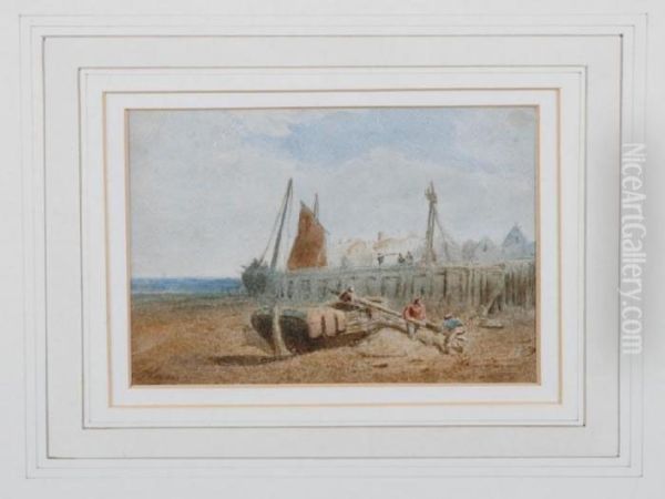 Three Figures Hauling A Sail Pole On A Shoreline Oil Painting by Paul Marny