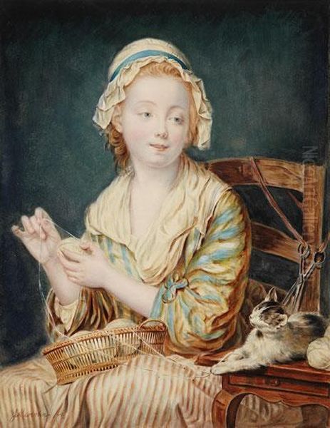 Dama Hilando Con Gatito Oil Painting by Ferdinand Marohn