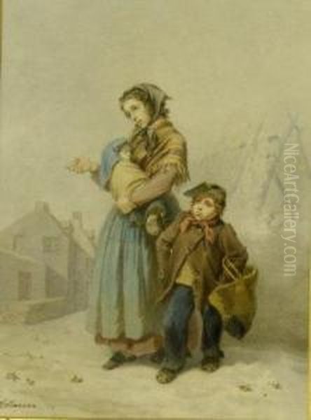 Mother And Child In A Street On A Winter's Day Oil Painting by Ferdinand Marohn