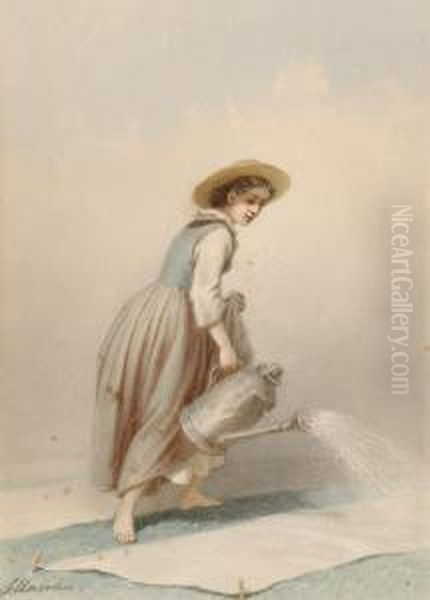 Woman With A Watering Can Oil Painting by Ferdinand Marohn