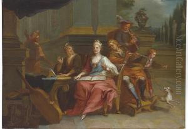 A Musical Company With A Boy And Dog; And A Musical Company With A Man Playing A Viola Di Gamba Oil Painting by Francois Marot