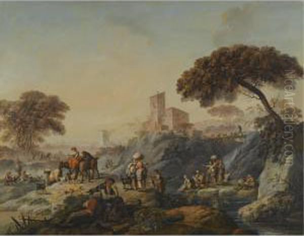 A Southern Landscape With Figures Beside A Stream Oil Painting by Joaquim Marques