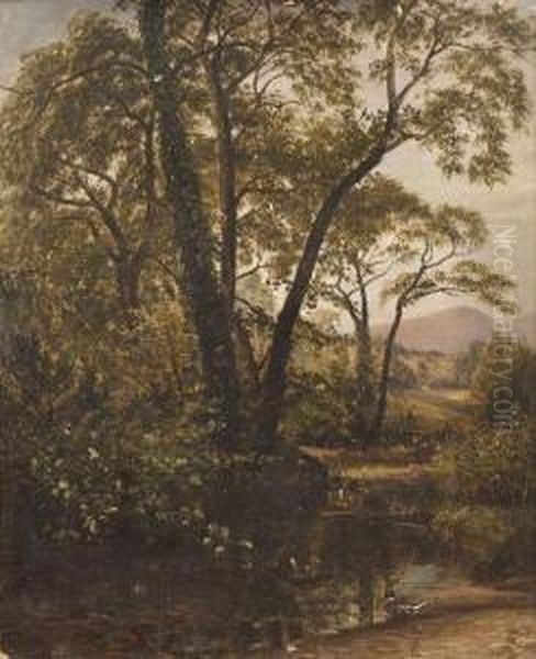 Wooded River Landscape With Ducks Oil Painting by James Richard Marquis