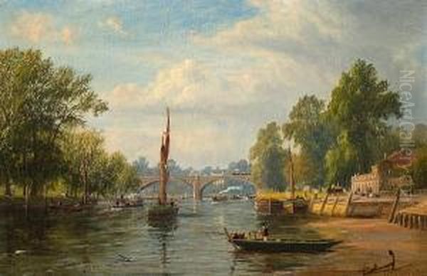 A Busy River Scene Oil Painting by James Richard Marquis