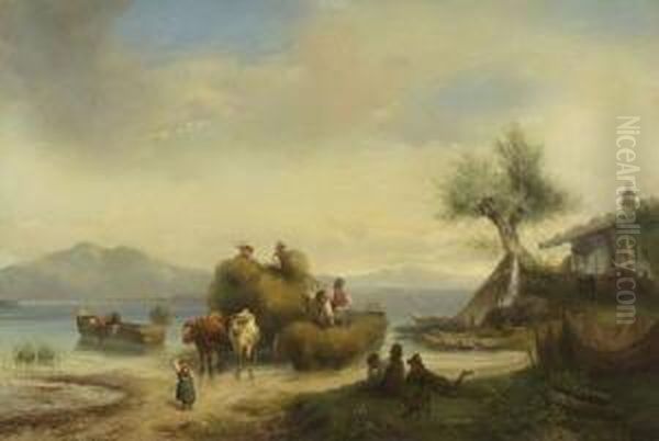 Bauern Mit Heubooten Am
 Seeufer. Oil Painting by Joseph Heinrich L. Marr