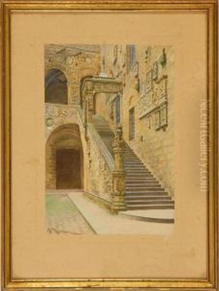 View Of The Inner Court Of The Bargello In Florence Oil Painting by A. Marrani