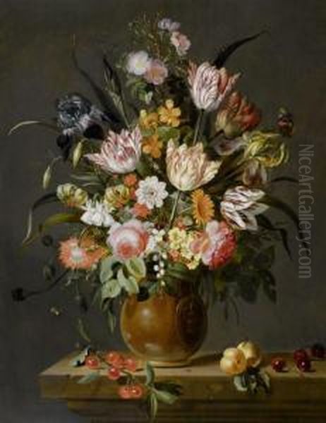 Bouquet Of Flowers In A Clay Vase With Cherries And Apricots On A Console Oil Painting by Jacob Marrel