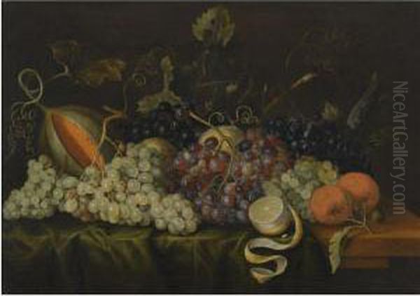 Still Life With Red, Black And Green Grapes On The Vine, Togetherwith Oranges, A Partly-peeled Lemon And A Melon On A Drapedtable-top Oil Painting by Jacob Marrel