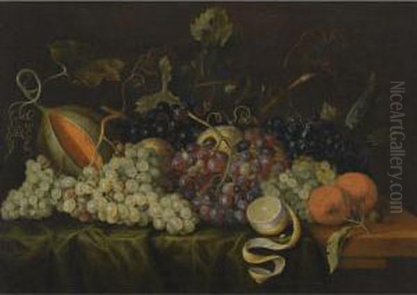 Still Life With Red, Black And Green Grapes On The Vine, Togetherwith Oranges, A Partly-peeled Lemon And A Melon On A Drapedtable-top Oil Painting by Jacob Marrel