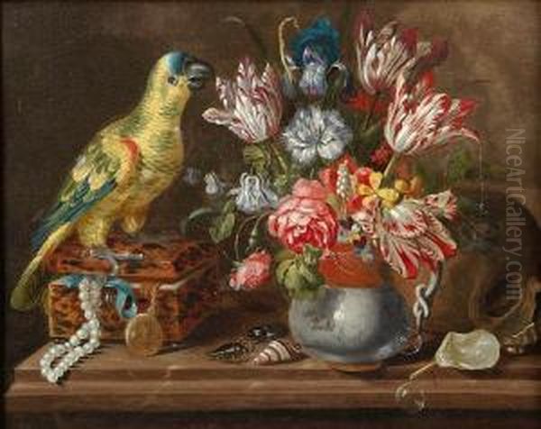 Still Life Of A Parrot Standing On A Tortoiseshell Jewel Box On A Ledge Beside A Vase Of Tulips And Other Flowers, With A Skull, Sea Shells, Beetles And Soap Bubbles Nearby Oil Painting by Jacob Marrel