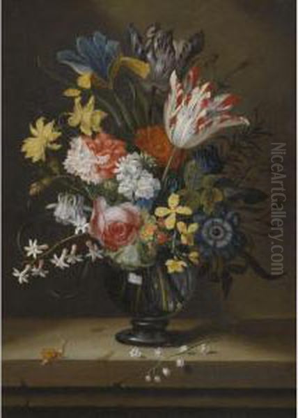 Flowers In A Glass Vase On A Stone Shelf Oil Painting by Jacob Marrel