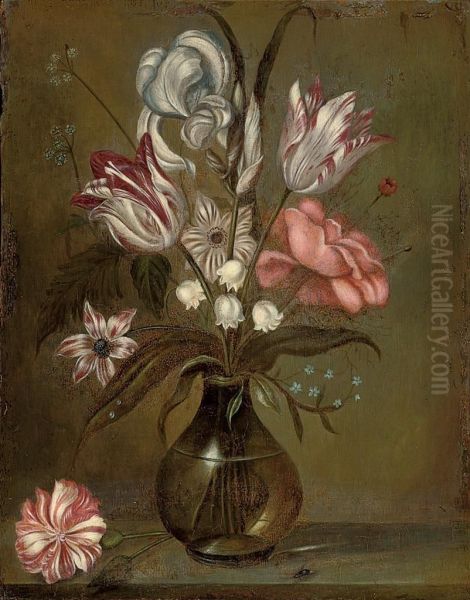 Parrot Tulips, A Rose, Irises And Other Flowers In A Glass Vase On A Stone Ledge Oil Painting by Jacob Marrel