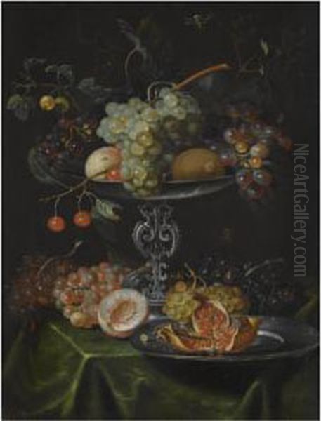 A Still Life With Grapes, Pomegranates And Peaches In A Silver Dish Oil Painting by Jacob Marrel