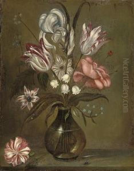 Parrot Tulips, A Rose, Irises And Other Flowers In A Glass Vase Ona Stone Ledge Oil Painting by Jacob Marrel