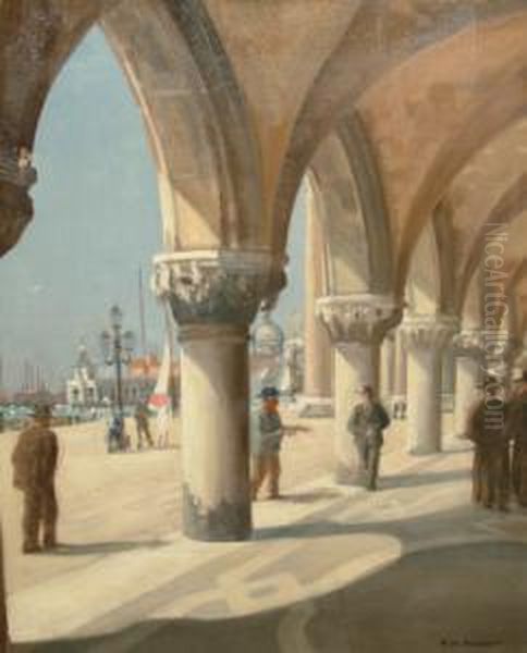 Figures Promenading Viewed From The Loggia, Piazetta, Venice Oil Painting by Richard Wharton Marriott