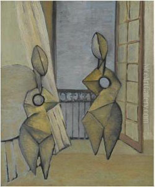 Figures By An Open Window Oil Painting by Basil Marros