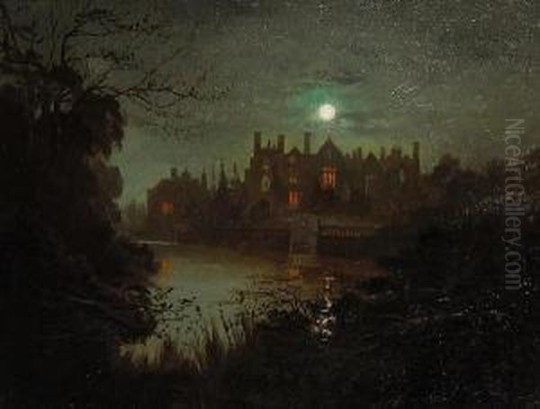 A House In Moonlight Oil Painting by A.W. Marshall