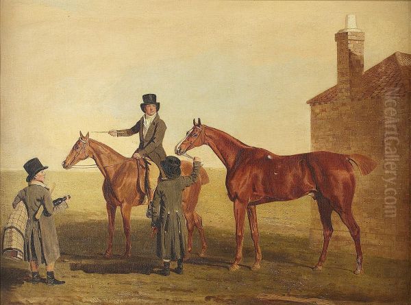 Yellowhammer With Owner On Horseback And Attendant Grooms Oil Painting by Benjamin Marshall