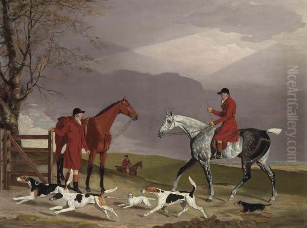 Oldaker On A Grey Hunter, With Other Huntsmen, Hounds Andterriers, In A Landscape Oil Painting by Benjamin Marshall