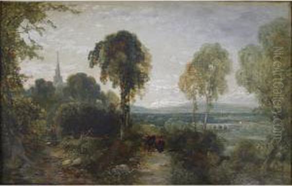 Figures On A Country Path, A Town Beyond Oil Painting by Charles Marshall