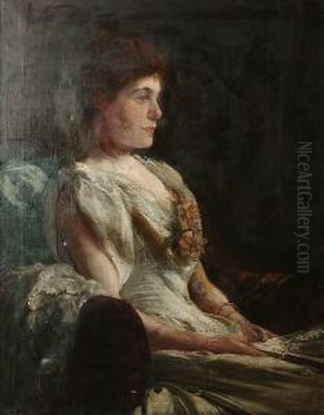 Portrait Of A Lady Seated, Wearing A White Dress With A Flower Corsage, Holding A Fan Oil Painting by Charles Edward Marshall