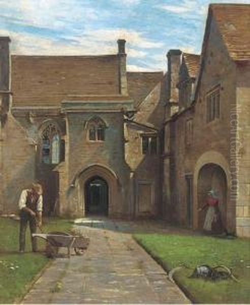 A Gardener And Maid In A Castle Courtyard Oil Painting by Charles Edward Marshall