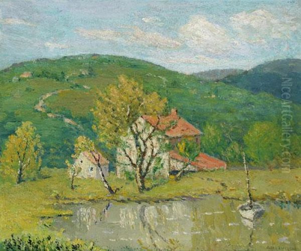 A Boat On An Inlet With A Farmhouse And Rolling Hills Beyond Oil Painting by Clark S. Marshall