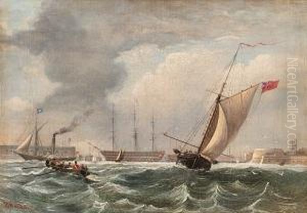 A Naval Cutter Emerging From Portsmouth With Anchored Men-o-war In The Harbour Beyond Oil Painting by Clark S. Marshall