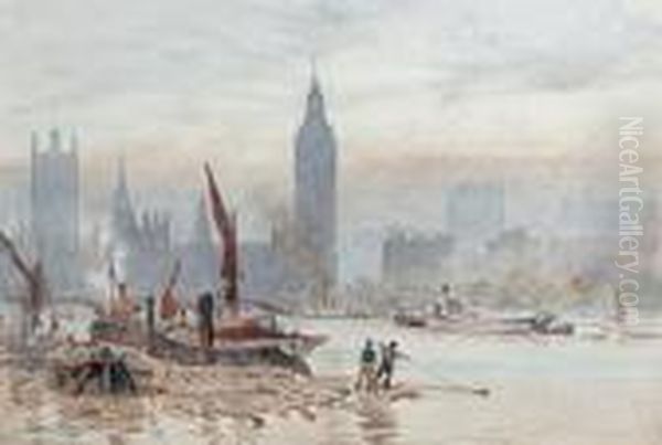 A Busy Thames Scene With Westminster In The Distance Oil Painting by Herbert Menzies Marshall