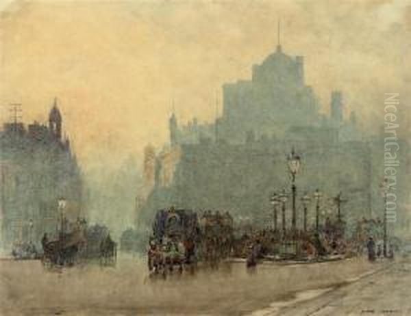 Omnibuses And Figures At Piccadilly Circus At Dusk Oil Painting by Herbert Menzies Marshall