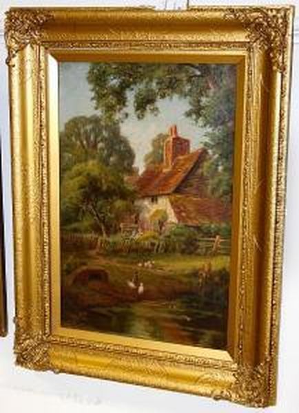 Cottage With Ducks On A Pond To Theforeground Oil Painting by John Fitz Marshall