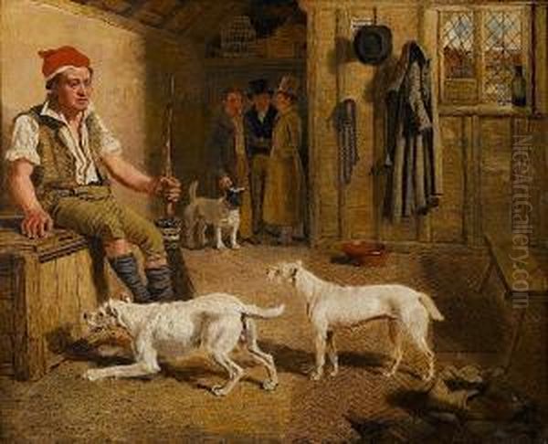 An Interior Scene With A Servant And Parson Jack Russell Hunt Terriers Oil Painting by Lambert Marshall