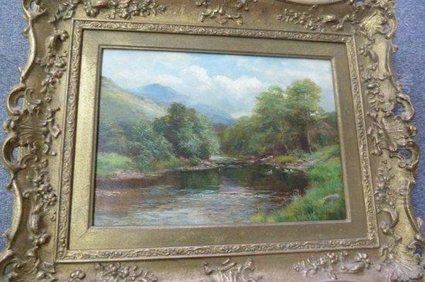 River Landscape With Distant Hills Oil Painting by R. Marshall