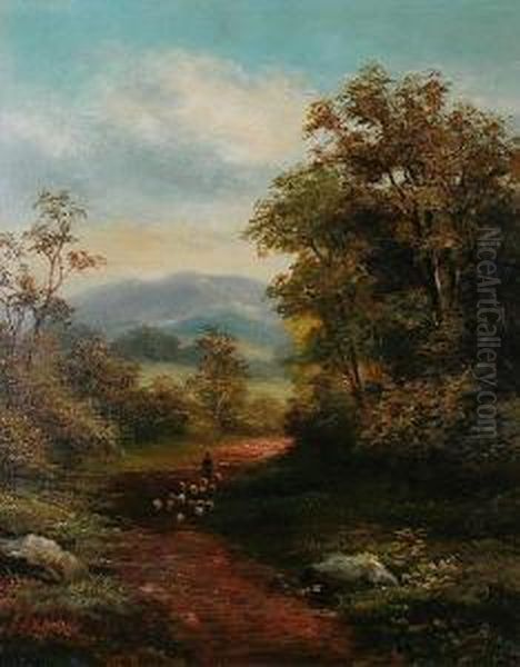 Figure And Sheep In A Country Land Oil Painting by R. Marshall