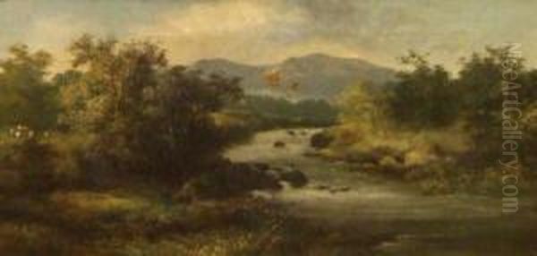 Angler Seated On A River Bank Oil Painting by R. Marshall