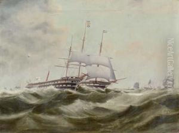 A Naval Engagement Oil Painting by R. Marshall