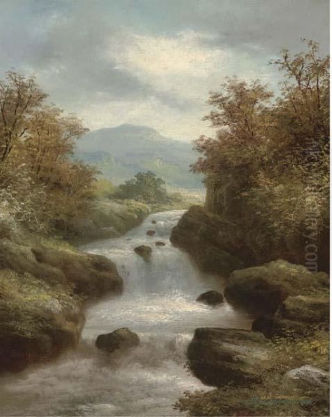 A Waterfall In A Mountainous Landscape Oil Painting by R. Marshall