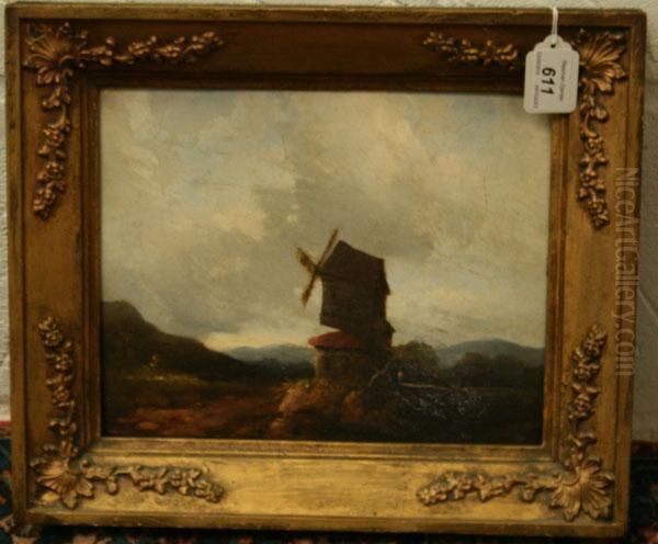 Study Of A Figure Beside A Windmill Oil Painting by S Marshall