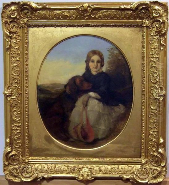 Flickportratt Med Hund. , Oval. Oil Painting by Thomas Falcon Marshall