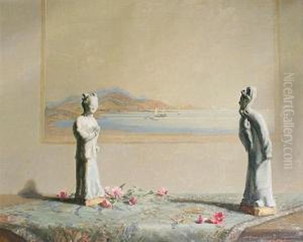 Oriental Figurines On A Table With Painting Behind Oil Painting by Freda, Nee Clulow Marston