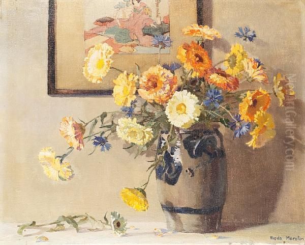 Still Life Of Marigolds In A Delft Vase Oil Painting by Freda, Nee Clulow Marston