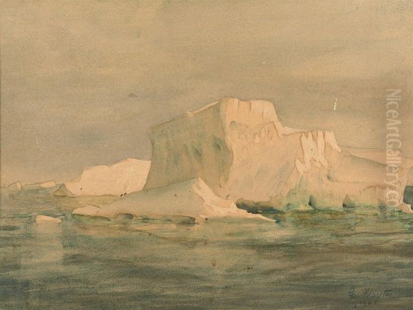 An Iceberg With Adelie Penguins (british Antarctic Expedition, 1907) Oil Painting by George Edward Marston